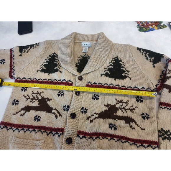 LL Bean Christmas Tree Reindeer Wool Cardigan Sweater Knot buttons Medium - Picture 2 of 6